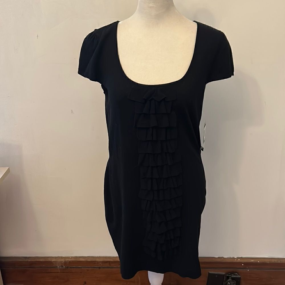 INC short sleeve ruffle front black sweater Size L New